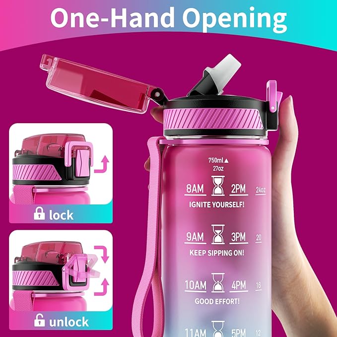 Water Bottle with Straw, 27oz Motivational Water Bottles with Time Marker to Drink, Tritan BPA Free, 750ml Sports Water Bottle with Carry Strap LeakProof for School Fitness Outdoor (1Pack)