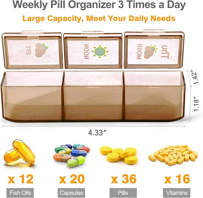 Pill Organizer 3 Times a Day, Daily Pill Box with Morning Noon Night Compartments, Portable Medicine Organizer for Travel, Work & Home (Brown)