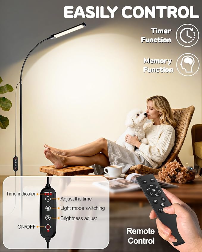 AearKing Light Therapy Lamp, 10000Lux UV-Free Sunlight Therapy Happy Lamp, Full Spectrum Light Therapy Floor Lamp with Adjustable Height & Brightness, 3 Color Temps, Therapy Lamp with Remote Control