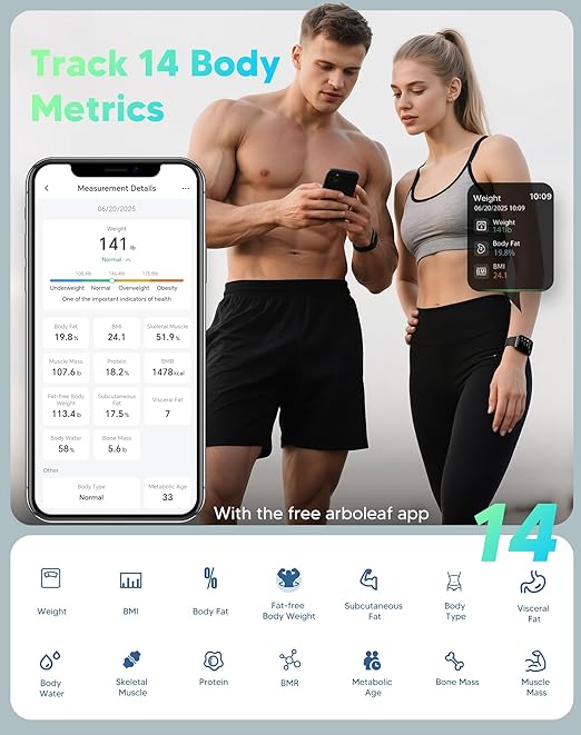 Arboleaf Smart Scale with BMI, Body Fat, Muscle Mass, Digital Bathroom Scale for Body Weight, 14 Body Composition Metrics, Large LED Display, Accurate Weighing Machine, App Sync, 400lbs, 10.2"