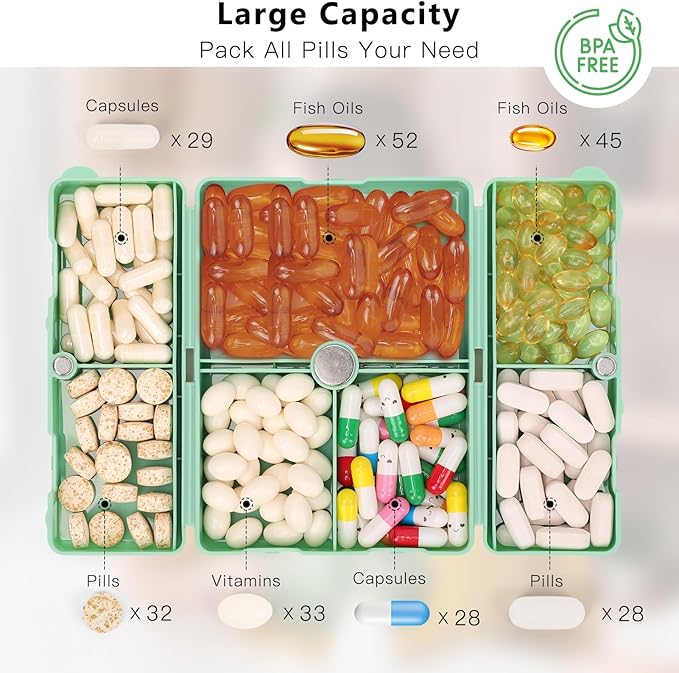 FYY Daily Pill Organizer,7 Compartments Portable Pill Case Travel Pill Organizer,[Folding Design] Pill Box for Purse Pocket to Hold Vitamins,Cod Liver Oil,Supplements and Medication-DarkGreen