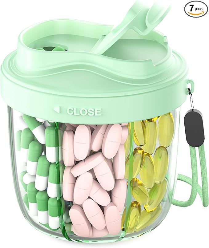 Cute Pill Organizer,Pill Dispenser with 7 Large Compartments,Portable Pill Bottle Box with Wide Opening for Easy Use, Anti-Mix Pills Organizer for Travel,Includes 20 Pcs Sticky Labels（Green）