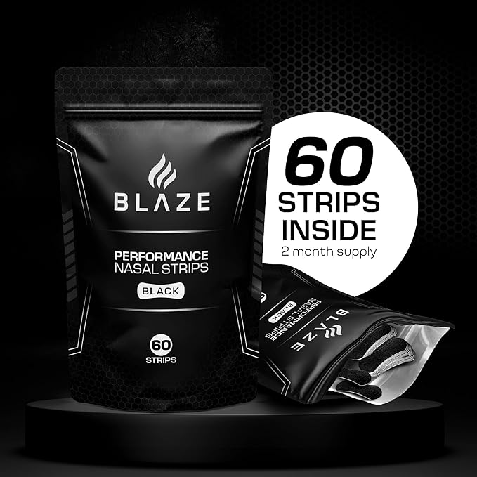 Performance Nose Strips for Breathing (60 Count) - Oil & Sweat Proof Adhesive - Athletic Nasal Strips for Snoring & Sleeping - Black, Wide, Universal Fit, Extra Strength Snoring Solution for Sleep
