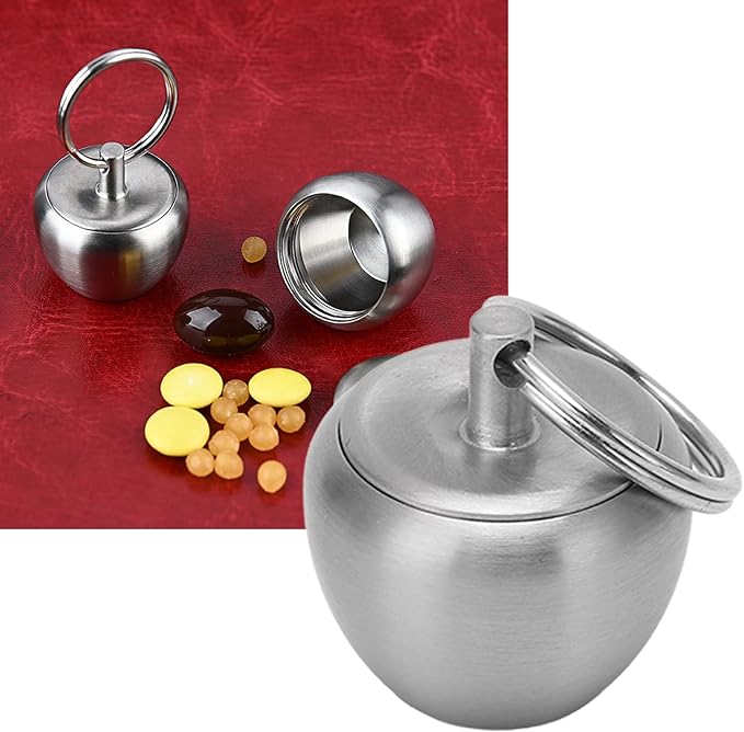 Pill Case Stainless Steel Pill Holder Keychain, Mini Portable Medicine Box Sealed Jar Keychain Pendant, Apple Shape Small Waterproof Pill Box Container for Purse or Pocket
