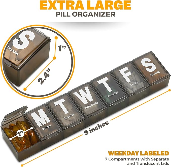 Weekly Pill Organizer - Extra Large with Easy to Read Jumbo Letters Vitamin Container, BPA Free - Daily Travel 7 Day Medication Pill Box Case, (Black, Case of 100)