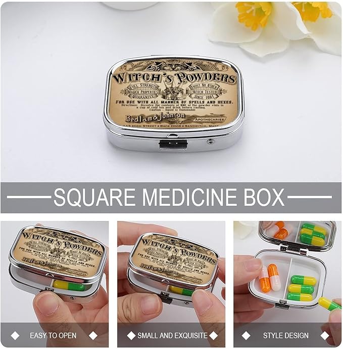 Metal 2 Compartment Pill Organizer Travel Friendly Portable Compact Box to Hold Vitamins/Tylenol/Fish Oil/Supplements/Tablet (Vintage Witch's Powders), 1.97 x 0.79 x 0.39 Inch, 1.0 Count