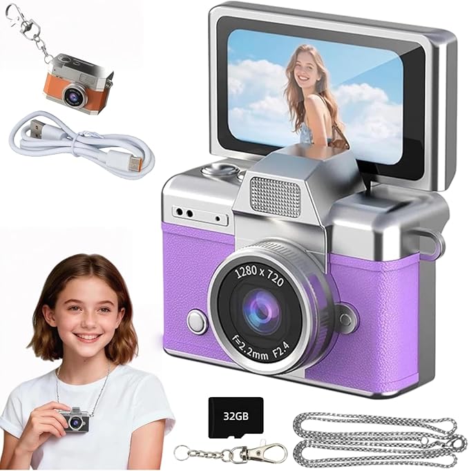 Mini Digital Camera Keychain Retro Mini Digital Video Camera Small 1080P FHD Recording with 0.96" IPS Screen with 6 Retro Filters AVI Format-Ideal for Phone Transfer (32GB, Purple)