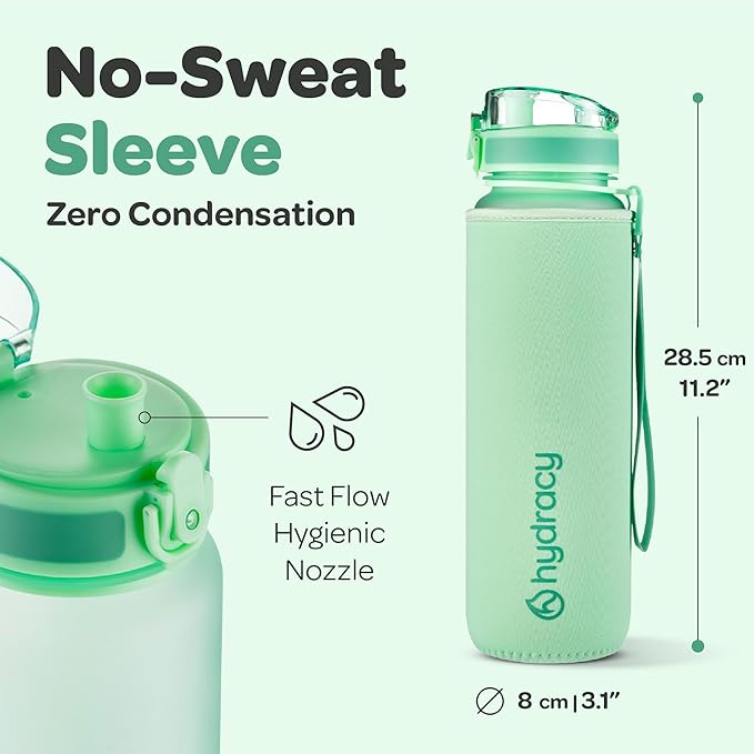 Hydracy Water Bottle with Time Marker -Large BPA Free Water Bottle & No Sweat Sleeve -Leak Proof Gym Bottle with Fruit Infuser Strainer & Times to Drink -Ideal for Fitness Sports & Outdoors