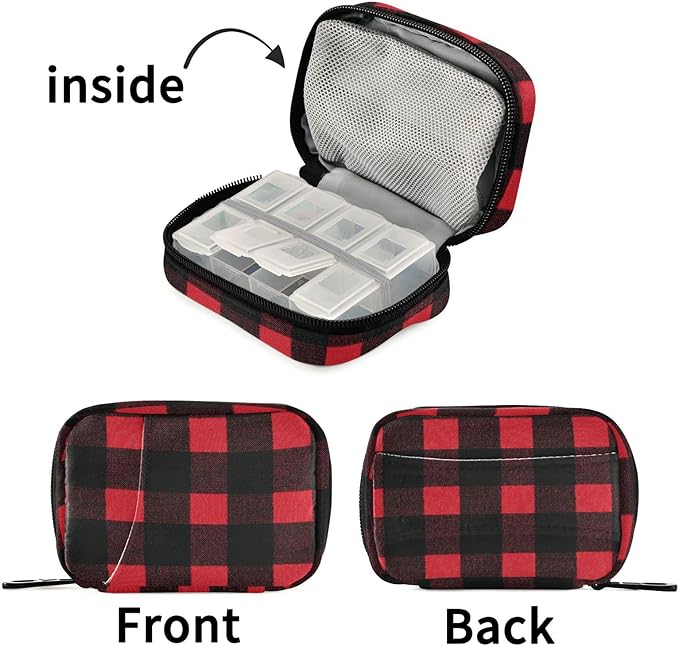 Fustylead Red and Black Buffalo Plaid Travel Pill Organizer Case Zipper for Purse with Removable Weekly Pill Box for Medicine, Vitamin, Supplement Medicine Organizer