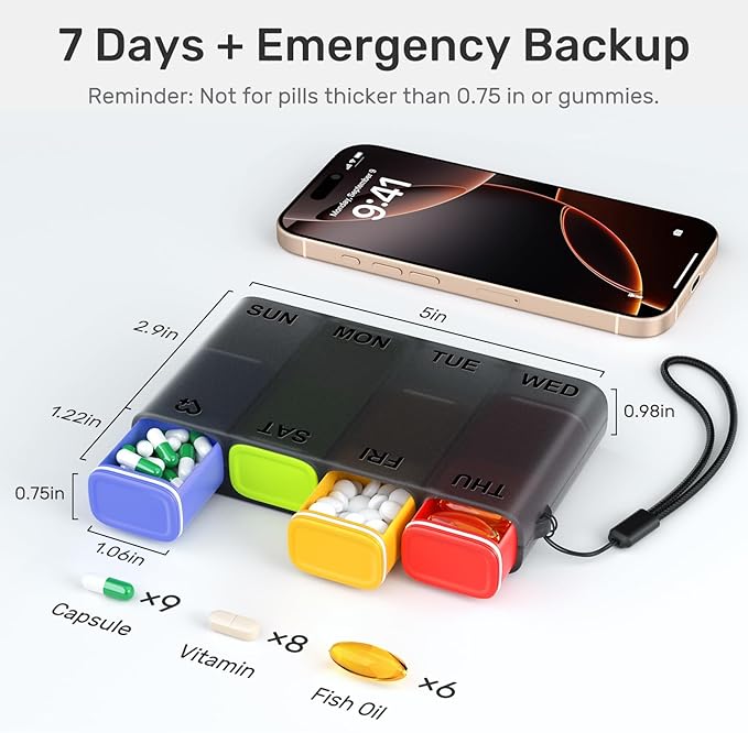 Weekly Pill Organizer 1 Time a Day – Travel Pill Case 7 Day, Small Pill Box 8 Compartments Push Open, with Color Slots, Medicine Organizer for Fish Oil, Vitamins, with Wrist Lanyard, BPA Free, Black