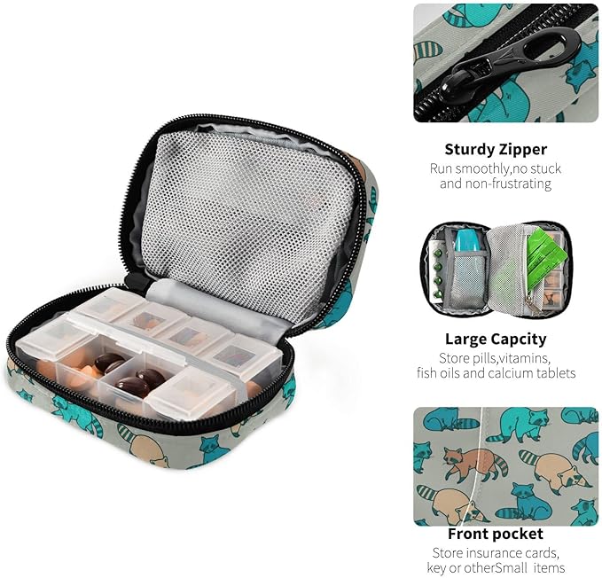 Ollabaky Raccoon Pill Organizer 7 Day Pill Case Travel Pill Organizer Bag Pill Box Portable Weekly Case with Zipper Compact Size for Vitamin Supplement Holder