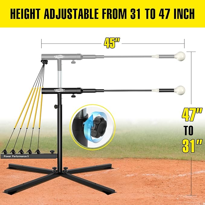 Baseball Softball Swing Trainer with 5 Power Bands,Auto Reset Baseball Training Equipment,Baseball Hitting Trainer,Height Adjustable 31-47 inches Softball Swing Trainer Improve Power,Speed