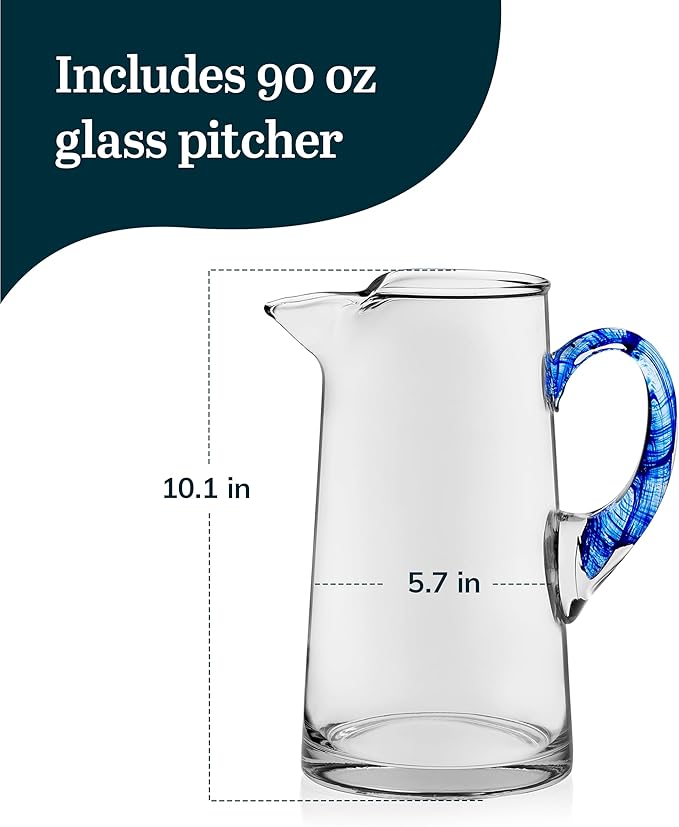 Libbey Cabos Large Glass Pitcher, 90 Oz Handcrafted Glass Water Pitcher with Spout and Blue Handle, Artisan-Inspired Water Carafe for Tables, Kitchen