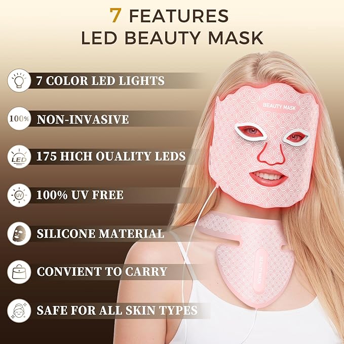 Red Light Therapy for Face & Neck, Red Light Mask with 850nm NIR, 7-1 Colors LED Light Therapy mask, Rechargeable LED Face & Neck Mask for Anti-Aging,Skin Firming & Radiant Glow at Home