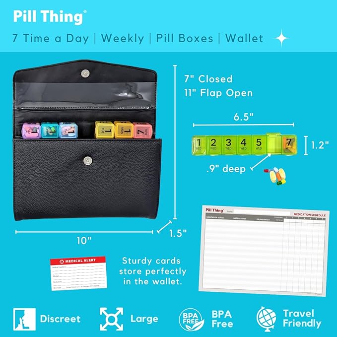 Weekly Pill Organizer Case, 7 Compartments, Pebble Grain Faux Leather, Magnetic Snap, Medication Schedule Card (7X a Day Weekly with Wallet)