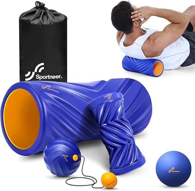 Sportneer 4 in 1 Foam Set, Muscle Relax Kit with 2 Textured Foam Pilates Rollers, Stringed Exercise Ball, Lacrosse Ball for Muscle Shoulder Back Leg Whole Body Relax Fitness Yoga