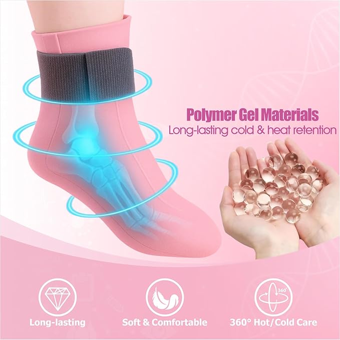 Foot Cold & Hot Gel Pack Sock for Neuropathy, Plantar Fasciitis, Gout, Swelling, Sprains, Heel & Ankle Pain Relief, Injury Recovery Cooling Compress Wrap (Pink-1pcs)