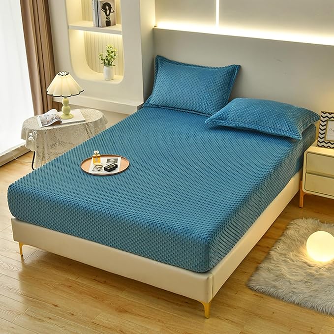 ZIQINPSQ Coral Velvet Fitted Sheet-Thickened Cold-Resistant and Warm Bed Sheets-Soft Velvet Fleece Fitted Sheets with-Elastic All Around. (CadetBlue, Full)