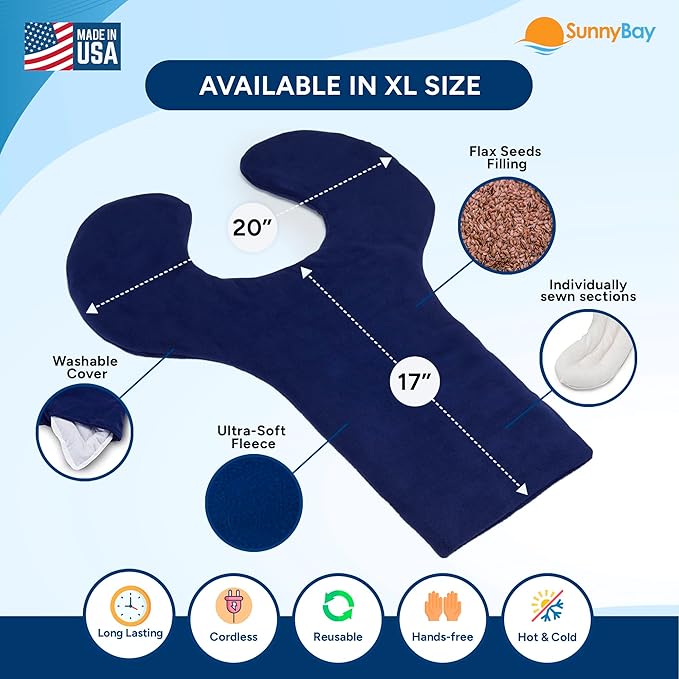 SunnyBay Shoulder and Upper Back Heating Pad, Microwavable Heated Neck and Shoulder Wrap, Weighted Moist Pain Relief Pack with Washable Cover and Flax Seed Filling, Extra Large, Midnight Blue