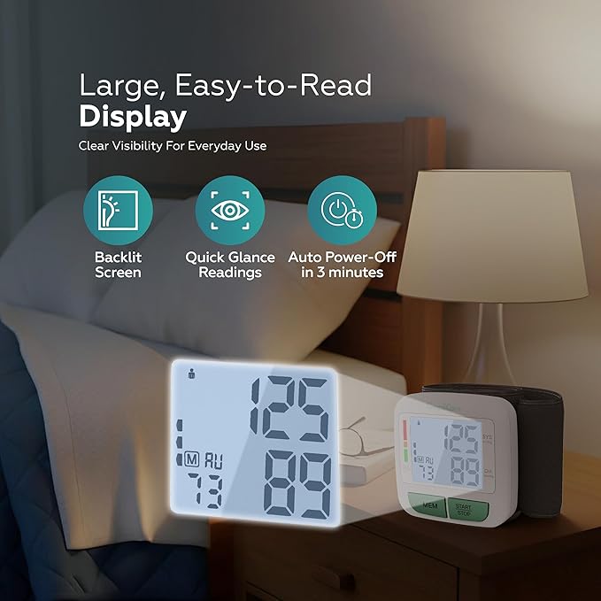 Wrist Blood Pressure Monitor for Home Use – FDA 510(k) Cleared Class II Medical Device, Digital Wrist Cuff 13.5–21.5 cm, 2.1" LCD Display, Dual User, Travel Case (U60A)
