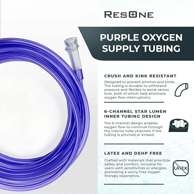 ResOne 5pk 25Ft Oxygen Supply Tubing, Crush Resistant, Standard Connectors for Nasal Cannulas, Cannula Nasal Tubing, Oxygen Concentrator - Purple