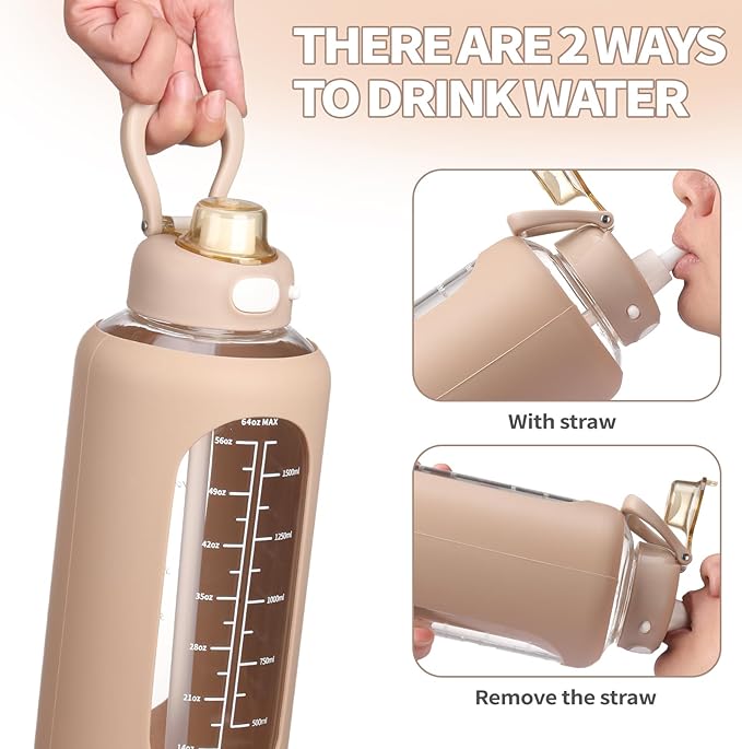 SIEROZUR 42 oz Glass Water Bottle with Straw and Handle Half Gallon Large Water Bottle with Silicone Sleeve and Time Marker Sports Water Jug Wide Mouth for Travel Gym