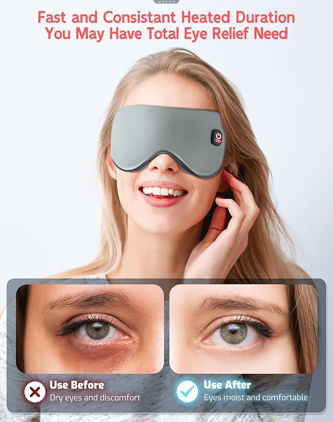 Heated Eye Mask-Cordless Warm Eye Compress Heated Eye Mask for Dry Eyes, Blepharitis,Light Blocking Heat Eye Mask for Men Women, Electric Warm Eye Mask for Airplane Sleeping for Travel (Gray)