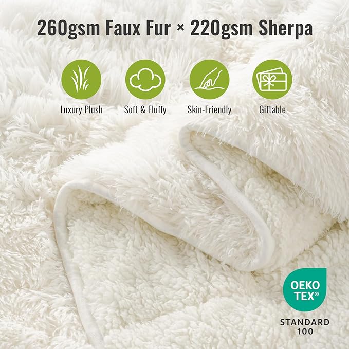 Uttermara Shaggy Faux Fur Weighted Blanket 15lbs, Super Soft Plush Fleece and Cozy Sherpa Reverse, Decorative Long Fur Throw Blankets 60"x80" Cream