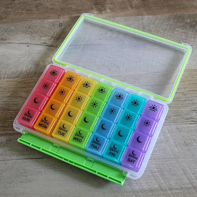 Ezy Dose Weekly (7-Day) Pill Case, Medicine Planner, Vitamin Organizer Box, Convenient and Easy to Use, X-Large Pop-Out Compartments, 4 Times a Day, Rainbow Lids with Case, BPA Free