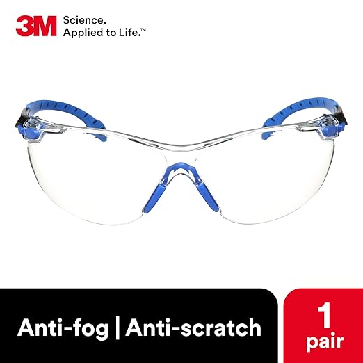 3M Safety Glasses for Men and Women, Solus 1000 Series, ANSI Z87, Scotchgard Anti-Fog, Clear Lens, Low Profile, Blue/Black Frame
