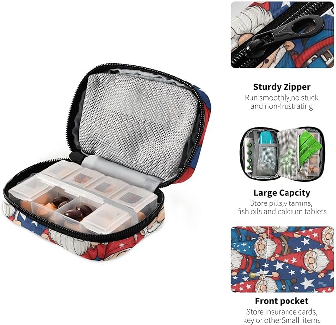 Patriotic Gnomes Stars Blue Travel Pill Organizer Weekly Small (Cute) Pill Box 7 Day Pill Case Vitamin Holder Pill Bottle Organizer