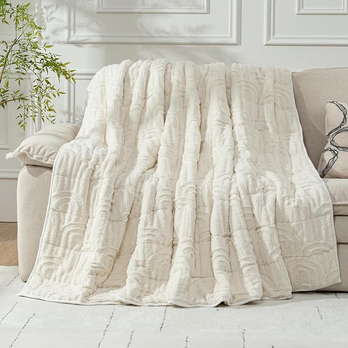 Wemore Jacquard Fleece Weighted Blanket King Size 80" x 87" 15lbs, Ultra Soft Cozy Sherpa Weighted Blankets for Adults, Ultra Fuzzy Heavy Blanket for Sleep, Fluffy Warm Throw for Bed, Cream White