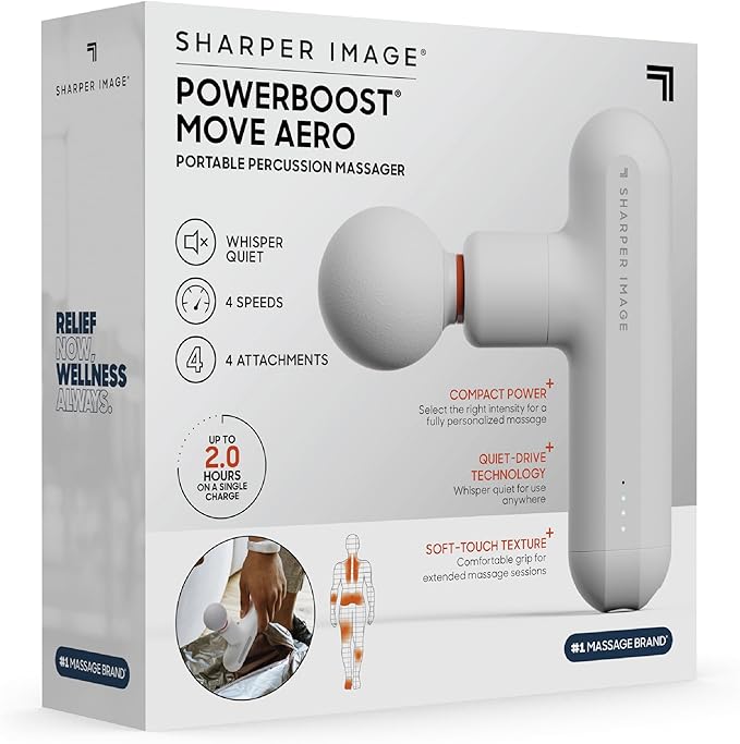 Sharper Image Powerboost Move Aero [New 2026 Version] Mini Deep Tissue Percussion Massage Gun| Muscle Recovery & Pain Relief Massage Tool| Full Body Back & Shoulder Massager| Gift for Men Women