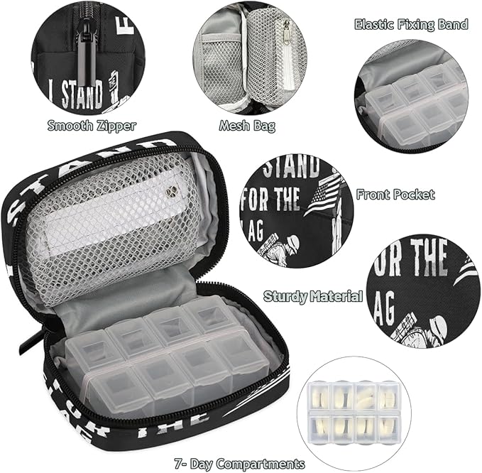 American Flag Army Cross Travel Pill Organizer Box Weekly Portable Pill Case Daily Pills 7 Day Small Birth Control Pills Container Removable Compartments for Medicine Vitamins Fish Oil