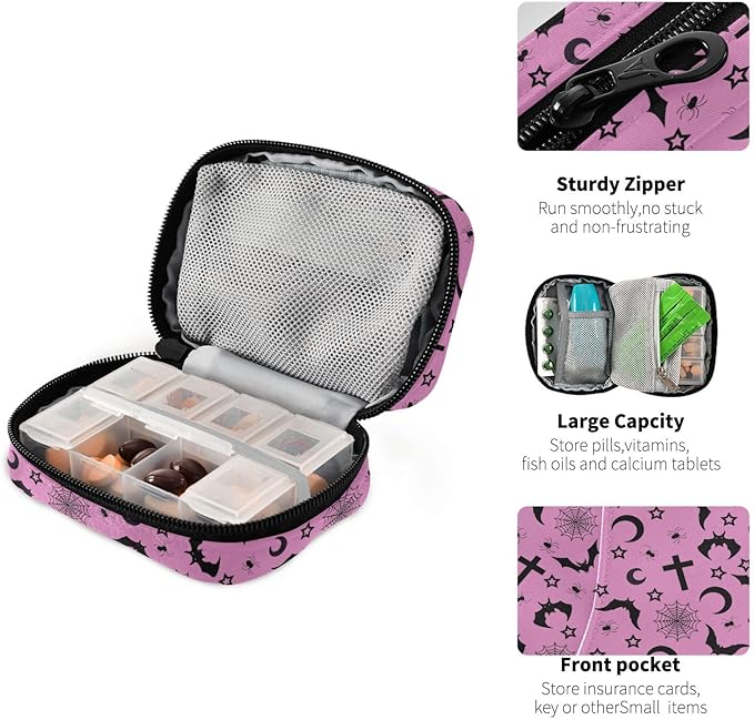 Halloween Bats Crosses Stars Gothic Pill Box 7 Day Pill Case Travel Pill Organizer Bag Container for Medicine with Zipper Portable Weekly Case Compact Size for Medicine, Vitamin, Supplement