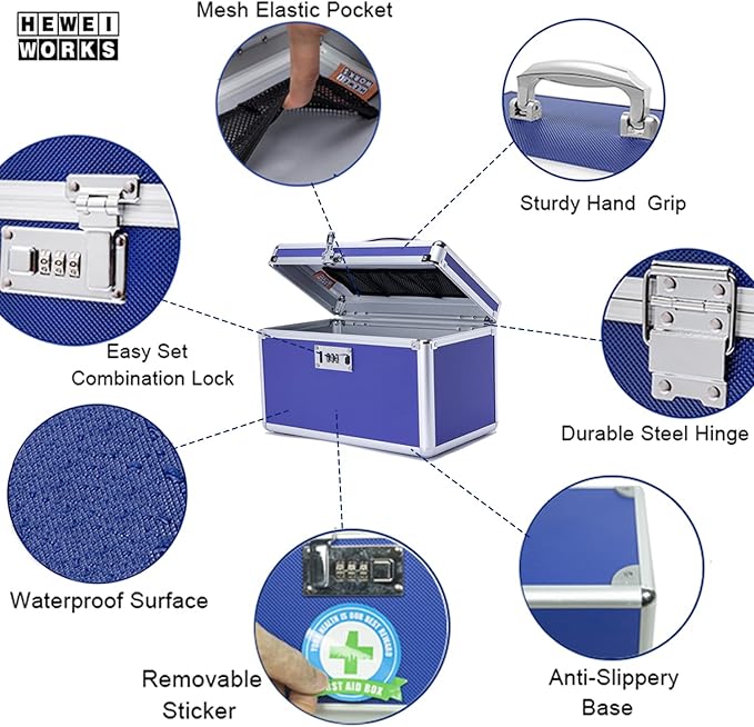 Lockable Medication Box with Portable Storage Case, 12.2''x 7.2''x 7.6'', Childproof Medicine Organizer with Combination Lock, Locking Box for Money, Documents & Meds (Blue/Medium)