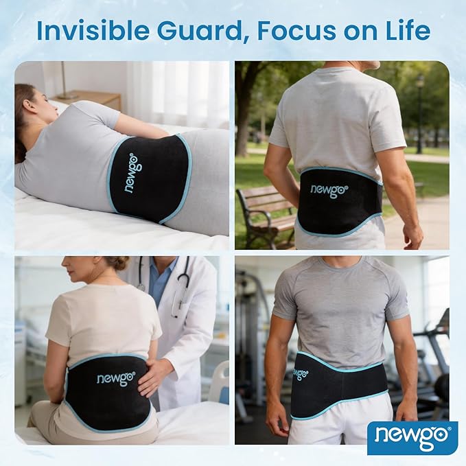 NEWGO Gel Ice Pack for Back Injuries and Pain Relief, 2 Pack Lower Back Ice Pack Wrap for Hot Cold Therapy, Lumbar Surgery, Sciatica, Herniated Disc, Coccyx Tailbone Pain - Black