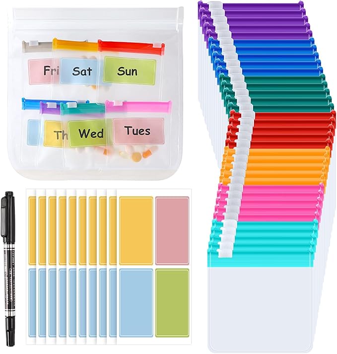 MARFOREVER 47 Pcs Pill Pouch Small Pill Bags Reusable Medicine Organizer Travel Pill Container Storage Pill Case 35 Plastic Medicine Bags 10 Sheets Labels 1 Large Bag and A Marker