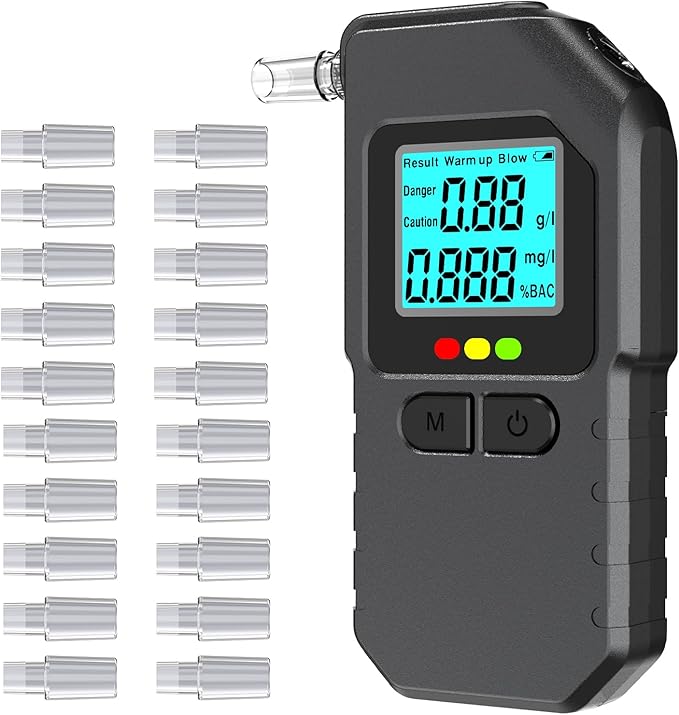 Breathalyzer Alcohol Tester – Portable BAC Device with Digital Display, Includes 20 Mouthpieces, Accurate Personal Breathalyzer for Party, Driving, and Safety, Compact, Easy to Use