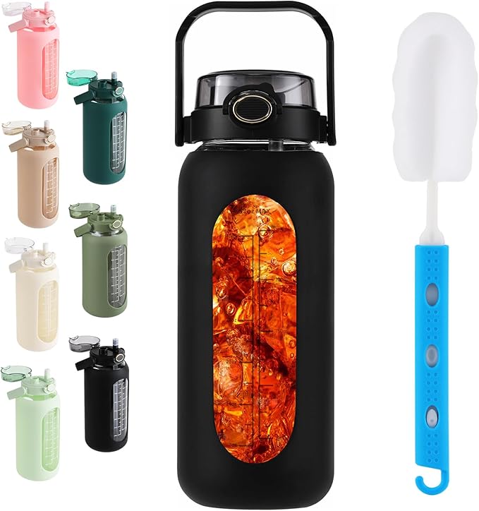 Glass Water Bottle with Straw and Handle Lid Half Gallon Motivational Glass Bottle with Silicone Sleeve and Time Marker Large Reusable Sports Water Jug for Gym Home Workout