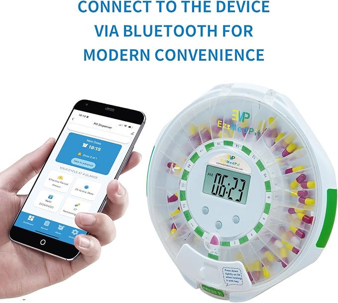 EziMedPil Bluetooth Pill Dispenser w/Audio & Visual Alerts, SmartLife Setup, up to 9 Alarms/Daily, 9 Dosage Templates, LCD Display, Lock Medication Dispenser w/Key for Prescriptions & Vitamins, Clear