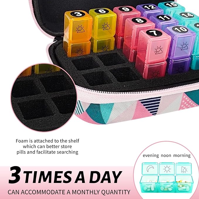 Pill Organizer, 15-Day Medicine Box with Hard Shell Case, 3 Times Daily Dosage Schedule, Plastic Rectangular Design, Includes Pill Cutter and Monthly Weekly Stickers,Multicolor