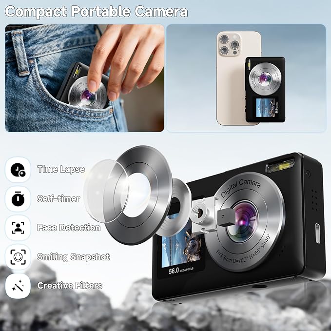 Digital Camera, 56MP 2.7K Dual-Screen Selfie Camera with 16X Zoom, 20 Filters & Anti-Shake, Portable Point and Shoot Digital Cameras with 32GB Card, Compact Travel Cameras for Beginners Teens Kids