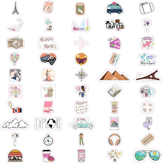 BulbaCraft 100Pcs Cute Travel Stickers for Women, Travel Stickers for Water Bottles, Notebook, Laptop, Luggage Decals for Suitcases, Travel Journal Decals, Gifts for Women & Men