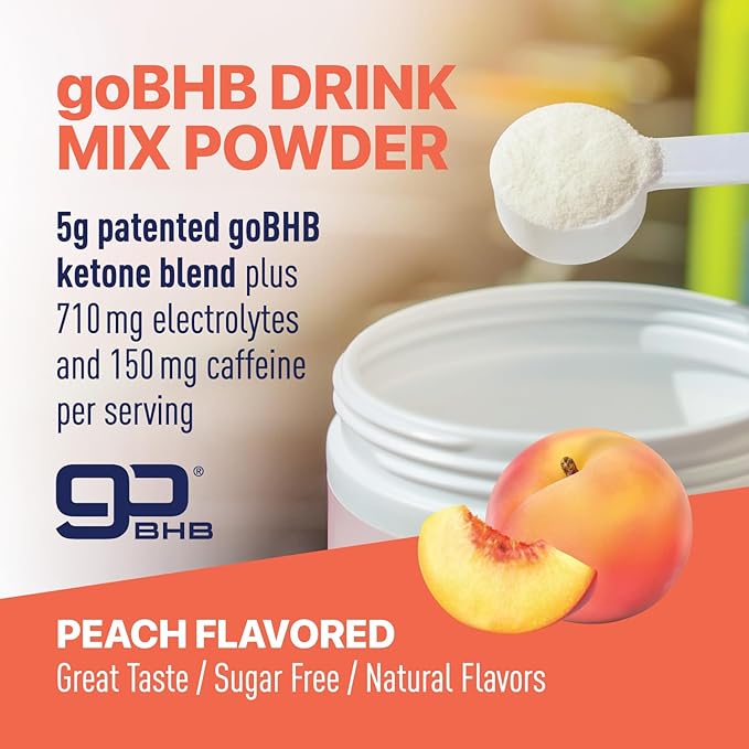 Real Ketones BHB Exogenous Ketones Energy Powder Sugar Free Electrolyte Powder with 4 Main Fasting Electrolytes & Hydrating Patented BHB Ketones for Energy & Focus (Peach, 30 Servings)