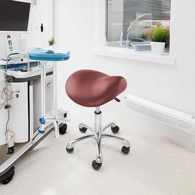 Saloniture Professional Ergonomic Saddle Stool, Burgundy - Adjustable Hydraulic Seat, Rolling Spa Salon, Massage, and Medical Office Chair with Swivel Wheels