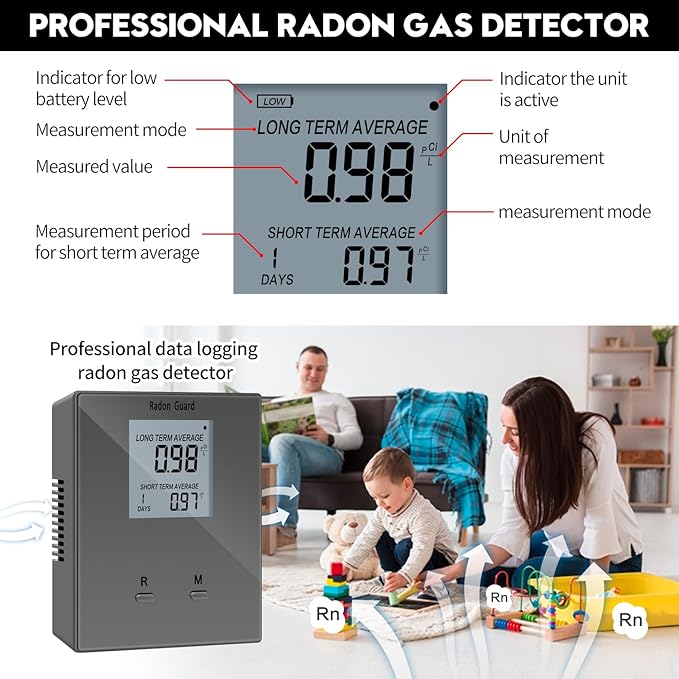 Home Radon Detector, Portable Radon Meter, Long and Short Term Home Radon Monitor, Battery-Powered, Prevent Excessive Radon Levels, Keep Your Health, Gray, Grey, BG-005