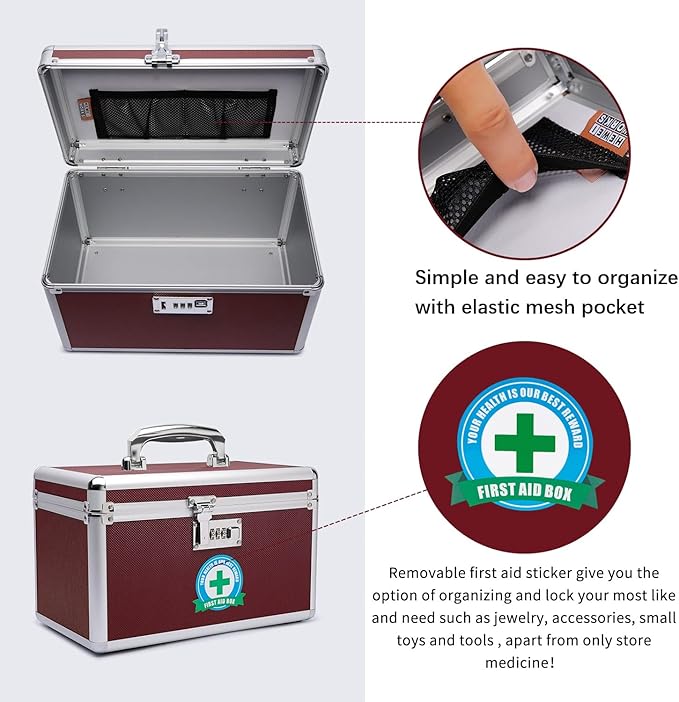 Combination Locking Medicine Box with Portable Storage Case，12.2''x 7.2''x 7.6'', Childproof Medication Lock Organizer, Lockbox for Secure Cash, Jewelry, ID Documents (Brown/Medium)