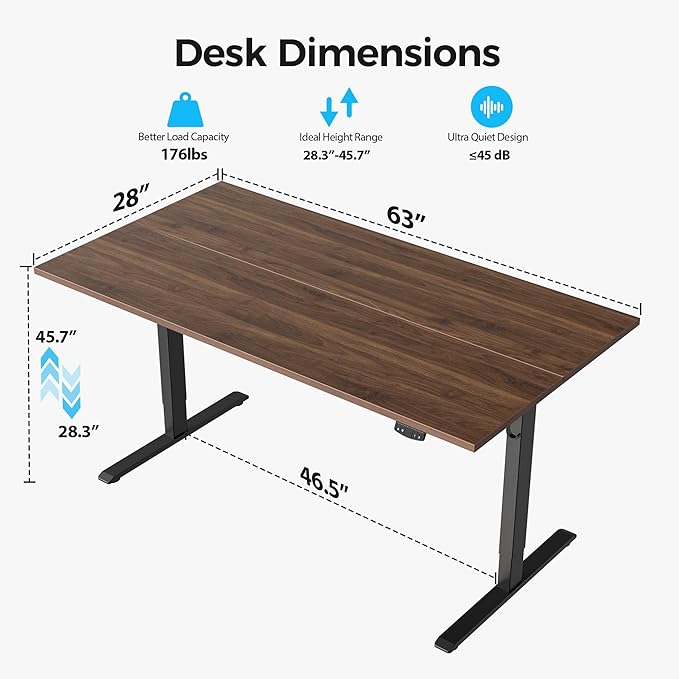 Agilestic Electric Standing Desk, 63 x 28 Inches Height Adjustable Desk, Sit Stand up for Work Office Home, Ergonomic Rising Computer Table with Memory Preset, Dark Walnut