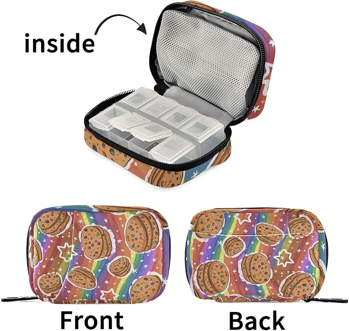 Colorful Striped Cookies and Stars Travel Pill Organizer Case Box Container Weekly Portable Vitamin Medicine Holder Storage Bag with Zipper Removable